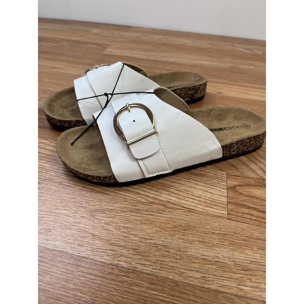 Fashion‎ Nova True Statement Flat Cork Sandals White Slides Size 8 Women's NEW